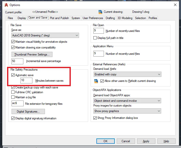 1. Dialogue box showing the Autosave option