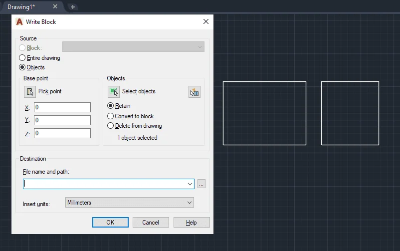 Dialogue box showing all the properties for creating  W block