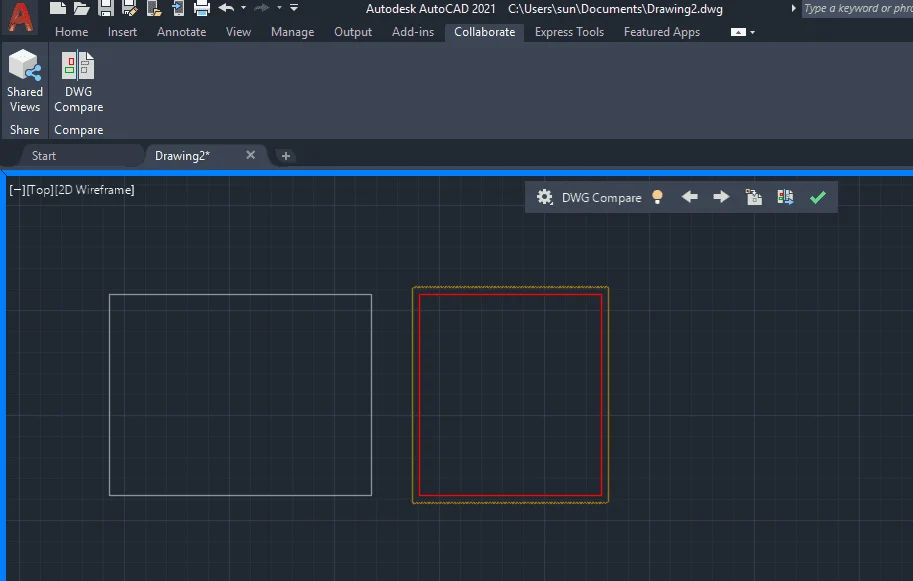 Image showing differences between two DWG files highlighted by revision cloud