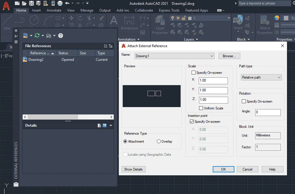 Image showing Xref dialogue box and its properties