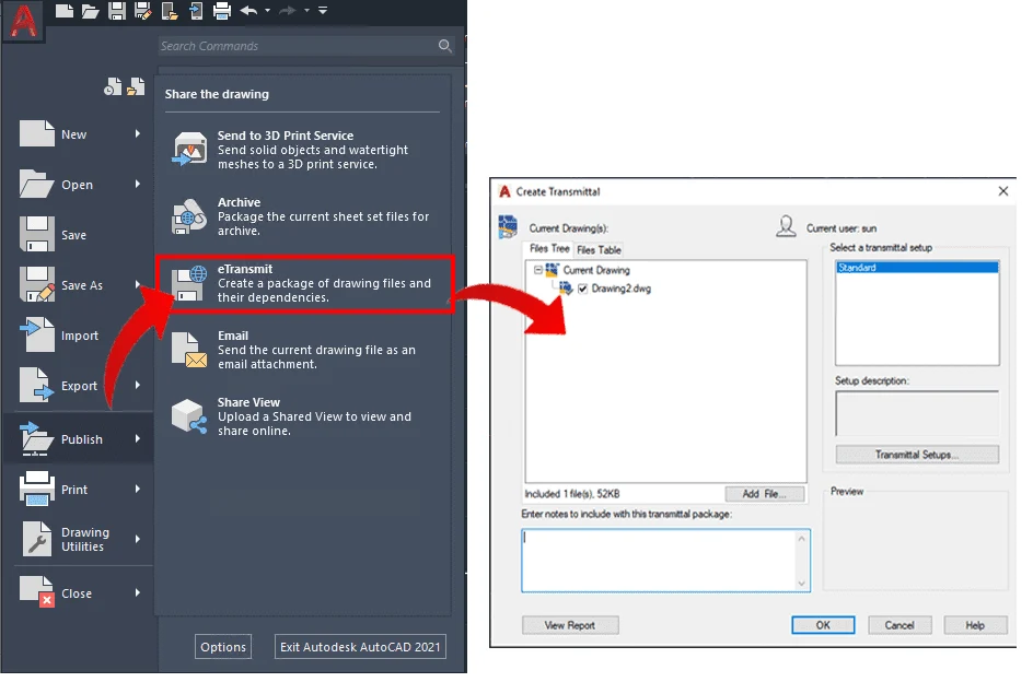 eTransmit dialogue box for creating a package