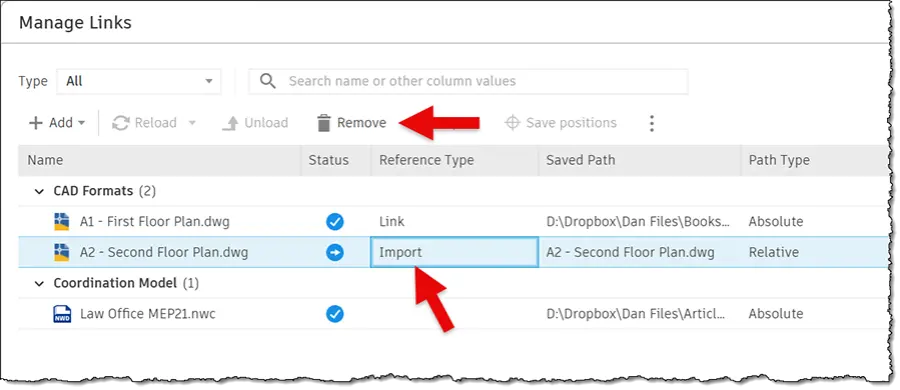 Manage links tab with Imported CAD