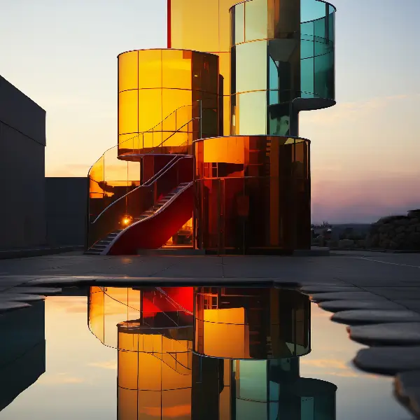 Modern architectural pavilion featuring curved colored glass facade and staircase reflecting in a water pool at dusk
